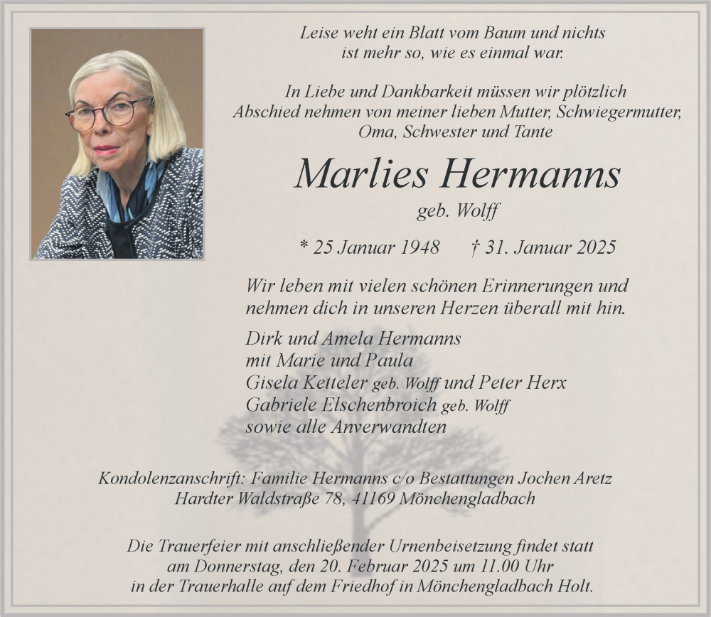  Traueranzeige für Marlies Hermanns vom 09.02.2025 aus trauer.extra-tipp-moenchengladbach.de
