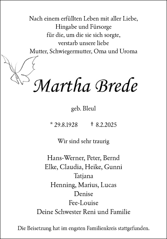 Traueranzeige von Martha Brede von trauer.wuppertaler-rundschau.de