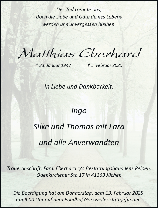 Traueranzeige von Matthias Eberhard von trauer.stadt-kurier.de