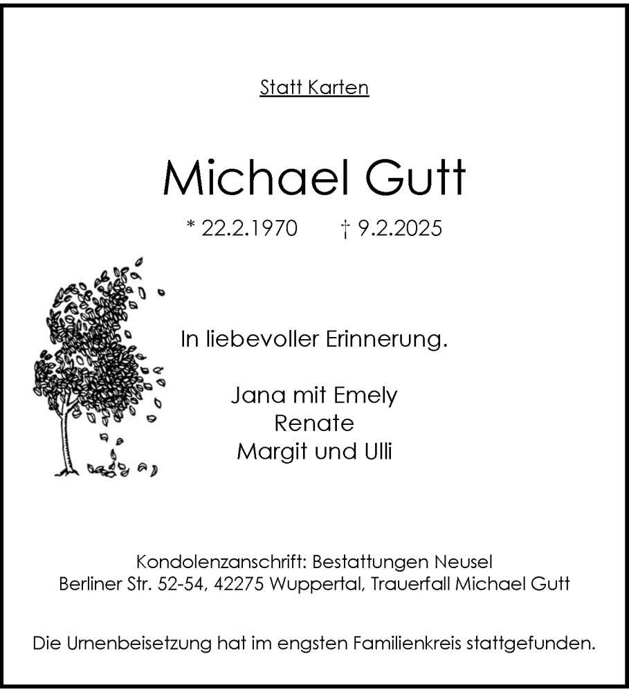  Traueranzeige für Michael Gutt vom 01.03.2025 aus trauer.wuppertaler-rundschau.de