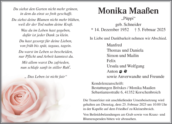 Traueranzeige von Monika Maaßen von trauer.extra-tipp-moenchengladbach.de