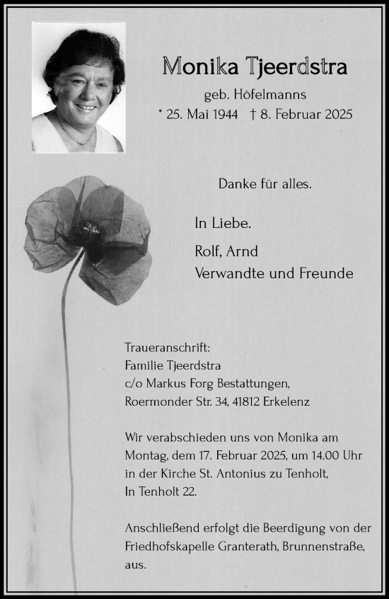 Traueranzeige von Monika Tjeerdstra von trauer.extra-tipp-moenchengladbach.de