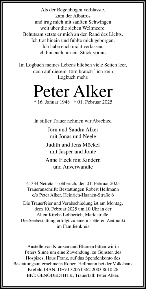 Traueranzeige von Peter Alker von trauer.extra-tipp-moenchengladbach.de