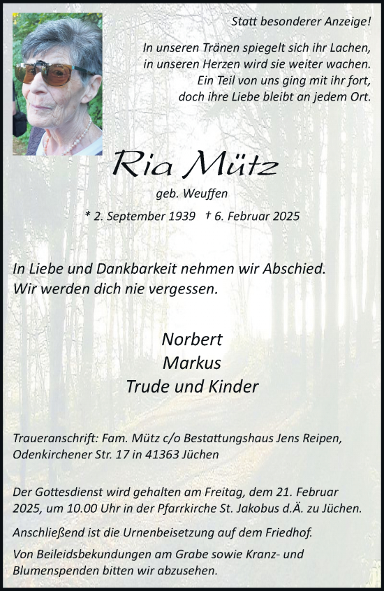 Traueranzeige von Ria Mütz von trauer.stadt-kurier.de
