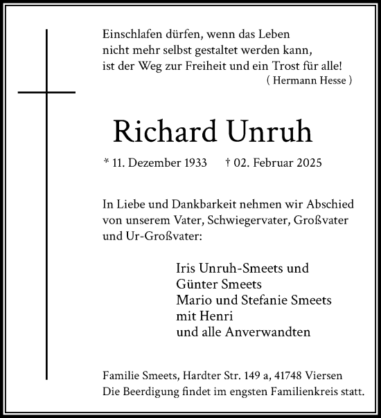 Traueranzeige von Richard Unruh von trauer.extra-tipp-moenchengladbach.de