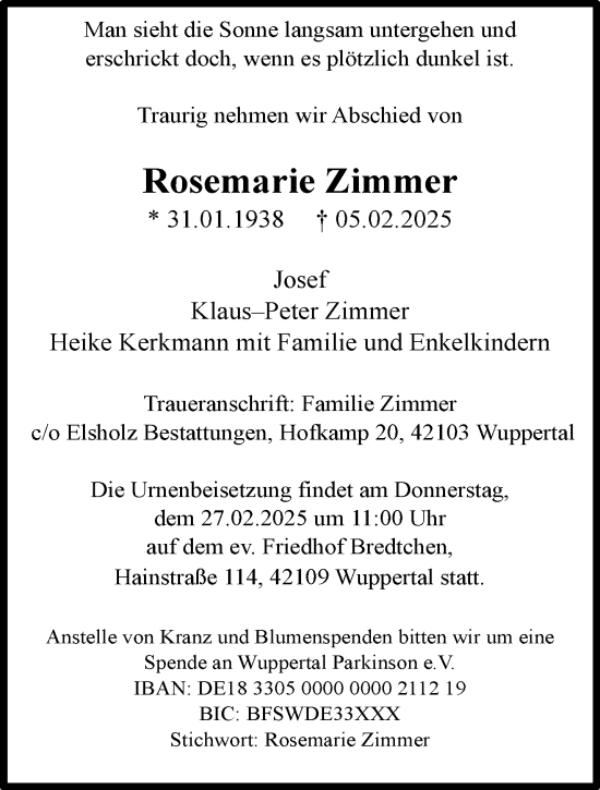 Traueranzeige von Rosemarie Zimmer von trauer.wuppertaler-rundschau.de
