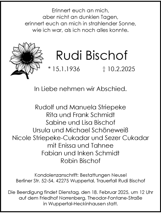 Traueranzeige von Rudi Bischof von trauer.wuppertaler-rundschau.de