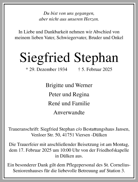 Traueranzeige von Siegfried Stephan von trauer.extra-tipp-moenchengladbach.de