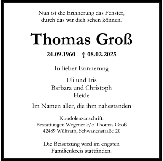 Traueranzeige von Thomas Groß von trauer.wuppertaler-rundschau.de