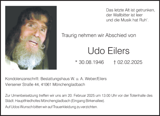 Traueranzeige von Udo Eilers von trauer.extra-tipp-moenchengladbach.de