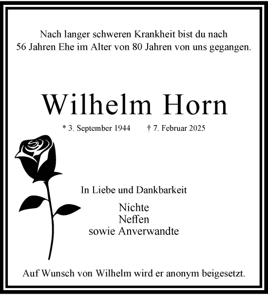 Traueranzeige von Wilhelm Horn von trauer.extra-tipp-moenchengladbach.de