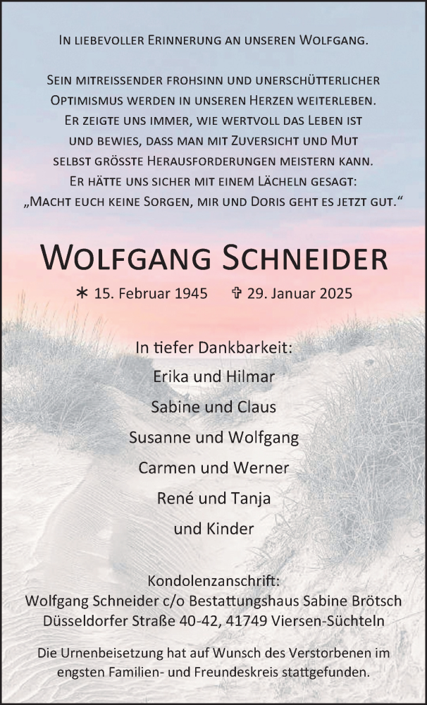  Traueranzeige für Wolfgang Schneider vom 16.02.2025 aus trauer.extra-tipp-moenchengladbach.de