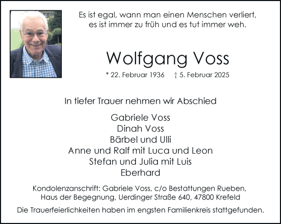 Traueranzeige von Wolfgang Voss von trauer.extra-tipp-moenchengladbach.de