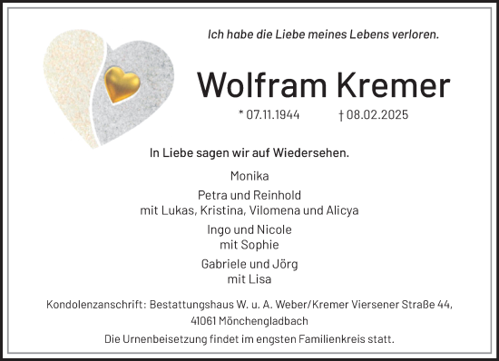 Traueranzeige von Wolfram Kremer von trauer.extra-tipp-moenchengladbach.de