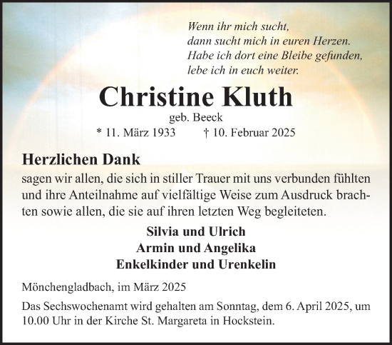 Traueranzeige von Christine Kluth von trauer.extra-tipp-moenchengladbach.de