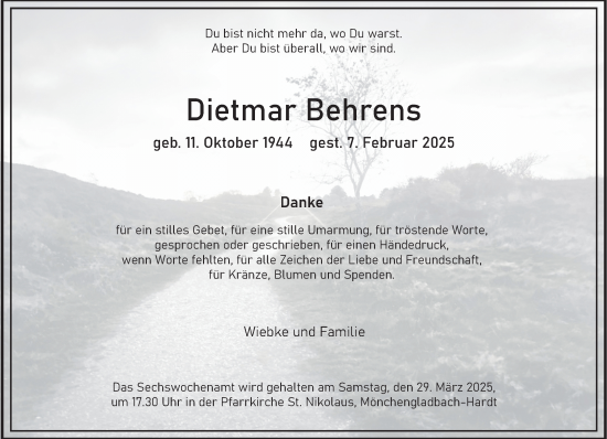 Traueranzeige von Dietmar Behrens von trauer.extra-tipp-moenchengladbach.de