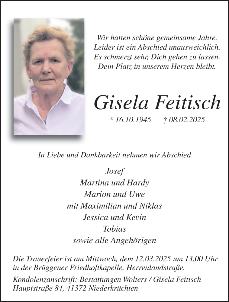  Traueranzeige für Gisela Feitisch vom 09.03.2025 aus trauer.extra-tipp-moenchengladbach.de