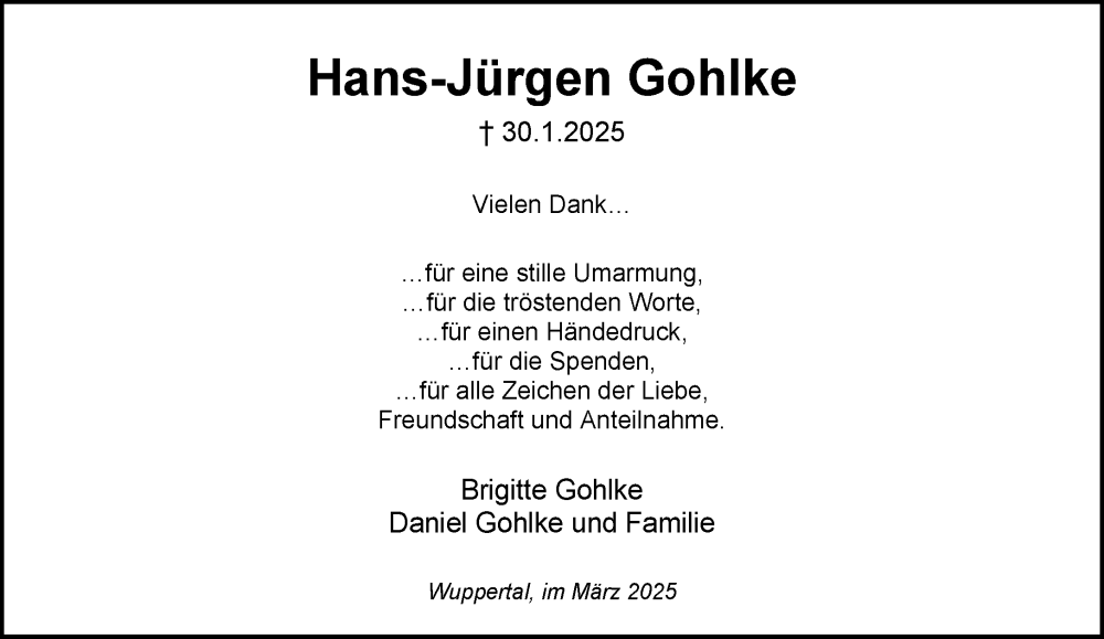  Traueranzeige für Hans-Jürgen Gohlke vom 22.03.2025 aus trauer.wuppertaler-rundschau.de