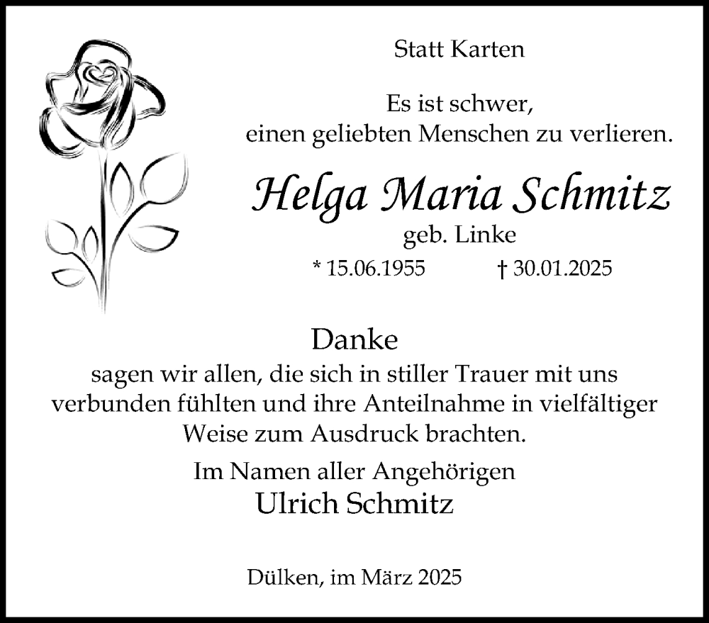  Traueranzeige für Helga Maria Schmitz vom 23.03.2025 aus trauer.extra-tipp-moenchengladbach.de