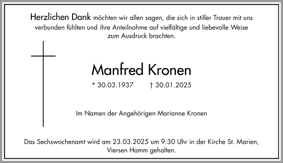 Traueranzeige von Manfred Kronen von trauer.extra-tipp-moenchengladbach.de