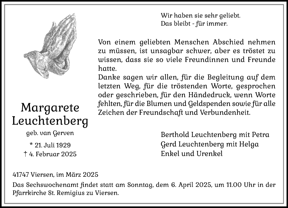  Traueranzeige für Margarete Leuchtenberg vom 30.03.2025 aus trauer.extra-tipp-moenchengladbach.de