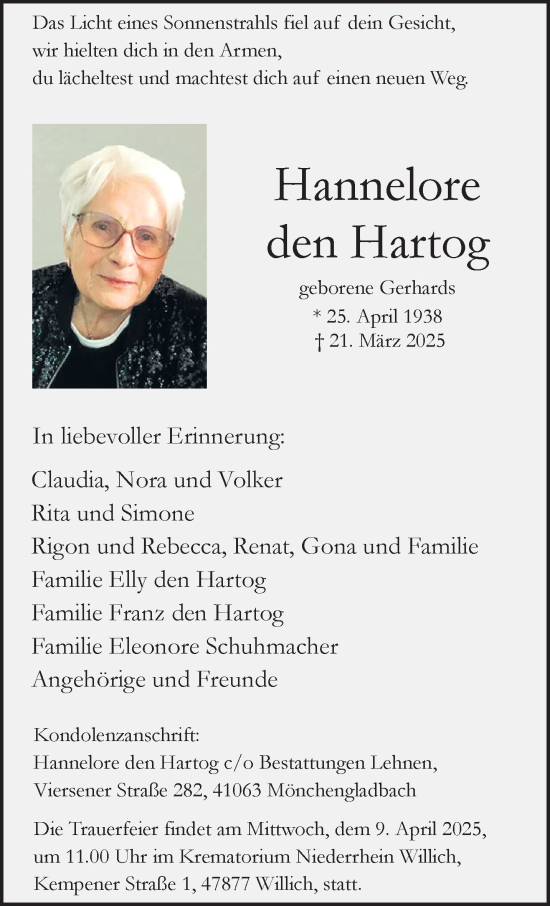 Traueranzeige von Hannelore den Hartog von trauer.extra-tipp-moenchengladbach.de
