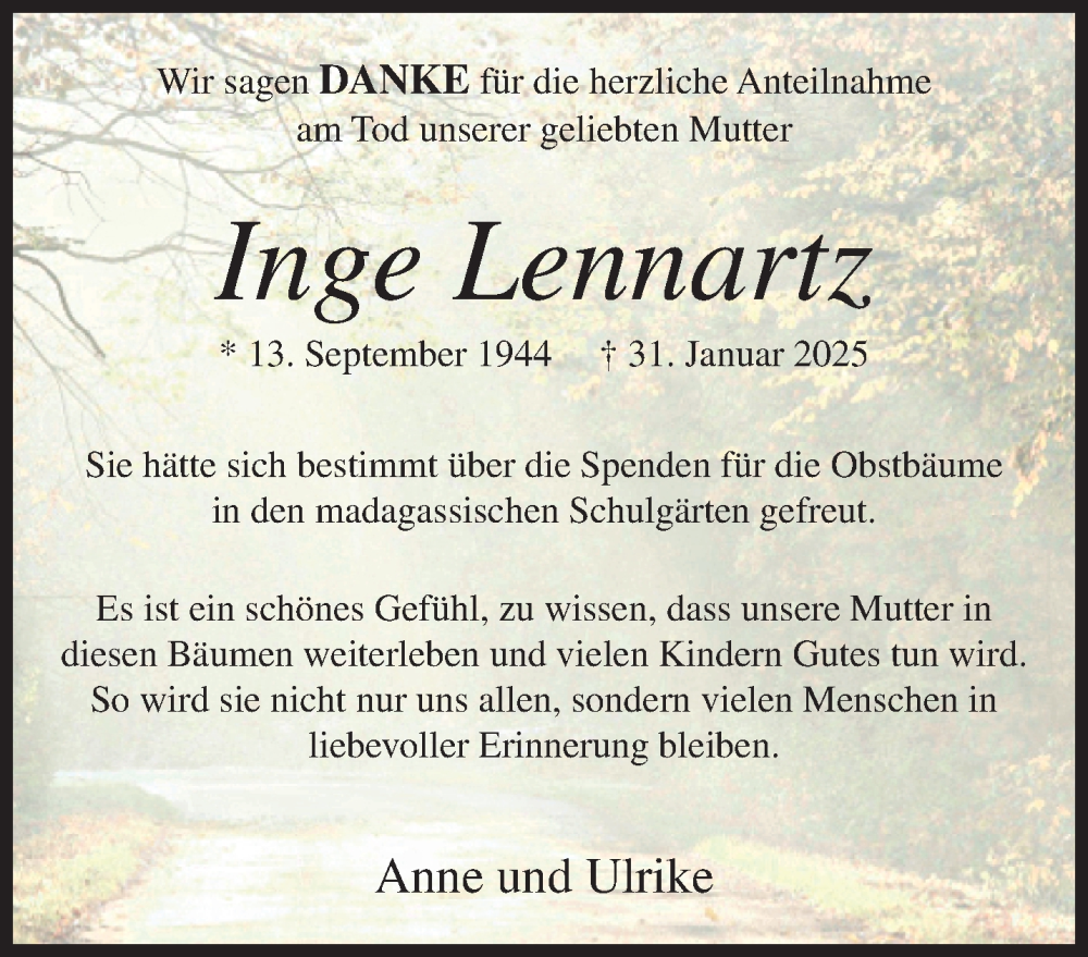  Traueranzeige für Inge Lennartz vom 30.03.2025 aus trauer.extra-tipp-moenchengladbach.de