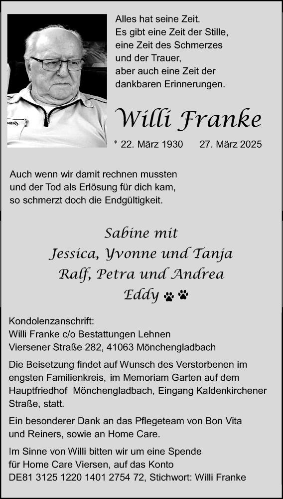  Traueranzeige für Willi Franke vom 06.04.2025 aus trauer.extra-tipp-moenchengladbach.de
