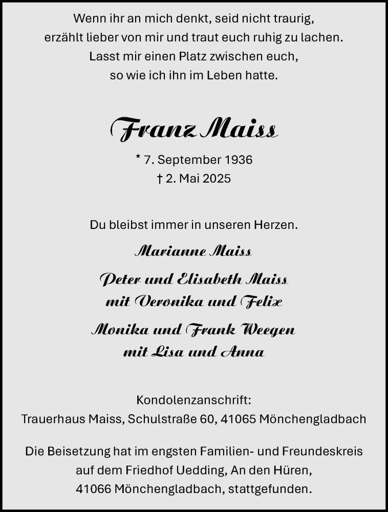 Traueranzeige für Franz Maiss vom 11.05.2025 aus trauer.extra-tipp-moenchengladbach.de