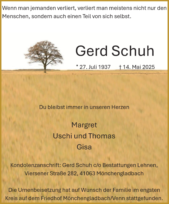 Traueranzeige von Gerd Schuh von trauer.extra-tipp-moenchengladbach.de
