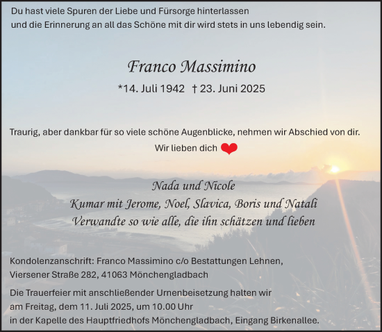 Traueranzeige von Franco Massimino von trauer.extra-tipp-moenchengladbach.de