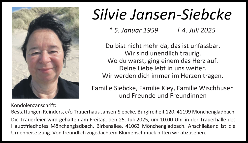  Traueranzeige für Silvie Jansen-Siebcke vom 13.07.2025 aus trauer.extra-tipp-moenchengladbach.de