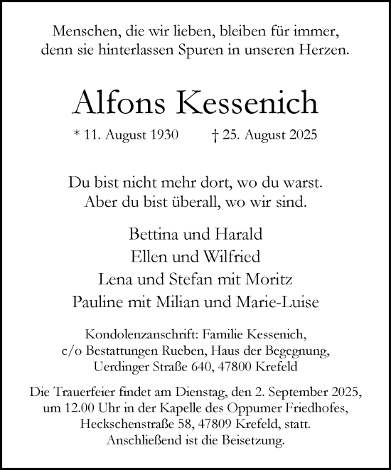Traueranzeige von Alfons Kessenich von trauer.extra-tipp-moenchengladbach.de