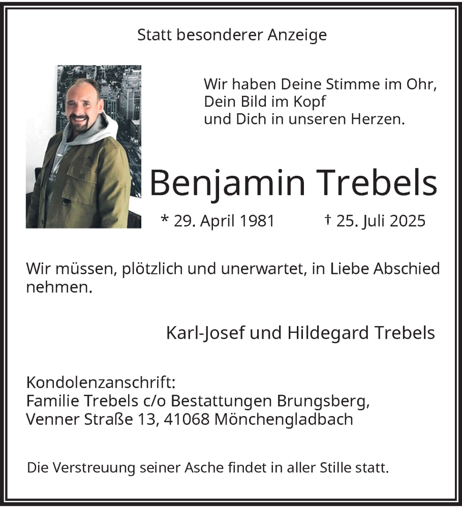  Traueranzeige für Benjamin Trebels vom 03.08.2025 aus trauer.extra-tipp-moenchengladbach.de