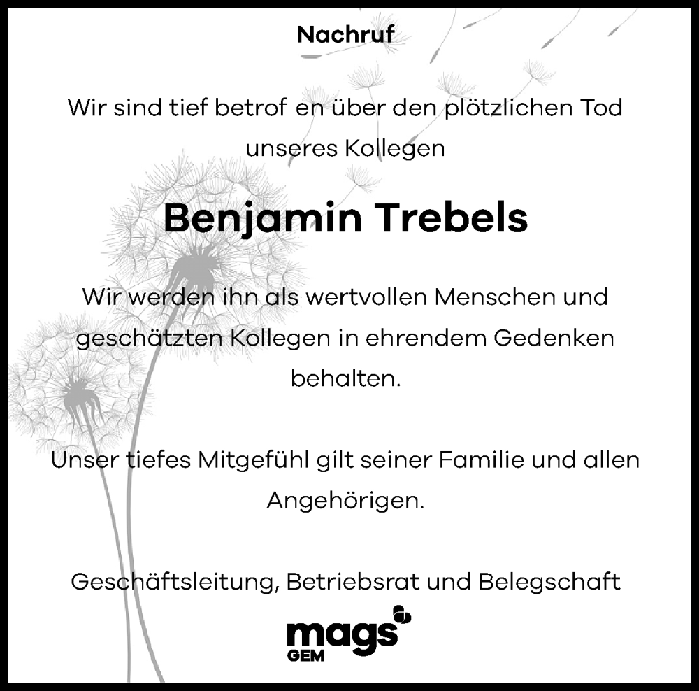  Traueranzeige für Benjamin Trebels vom 10.08.2025 aus trauer.extra-tipp-moenchengladbach.de