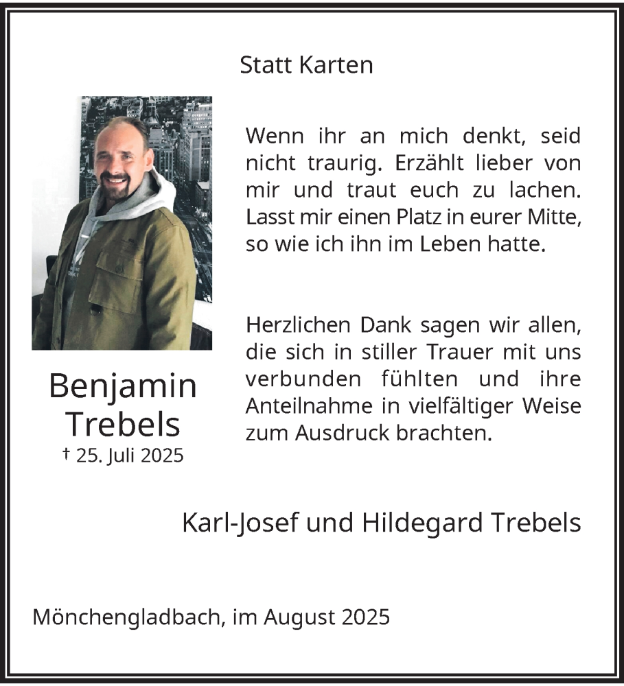  Traueranzeige für Benjamin Trebels vom 31.08.2025 aus trauer.extra-tipp-moenchengladbach.de