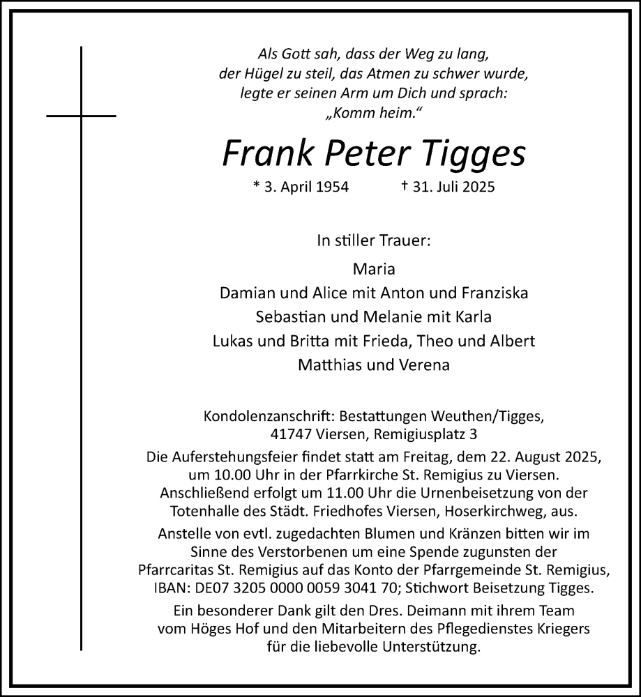  Traueranzeige für Frank Peter Tigges vom 10.08.2025 aus trauer.extra-tipp-moenchengladbach.de