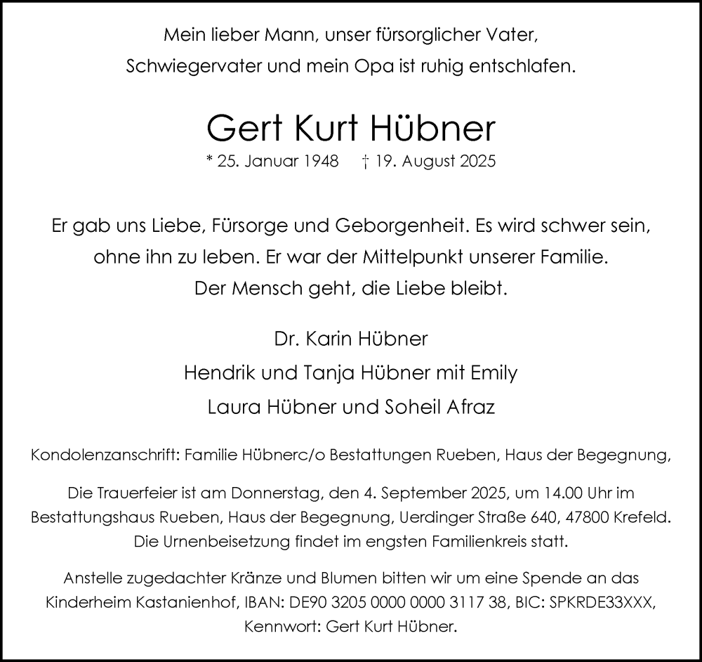  Traueranzeige für Gert Kurt Hübner vom 31.08.2025 aus trauer.extra-tipp-moenchengladbach.de