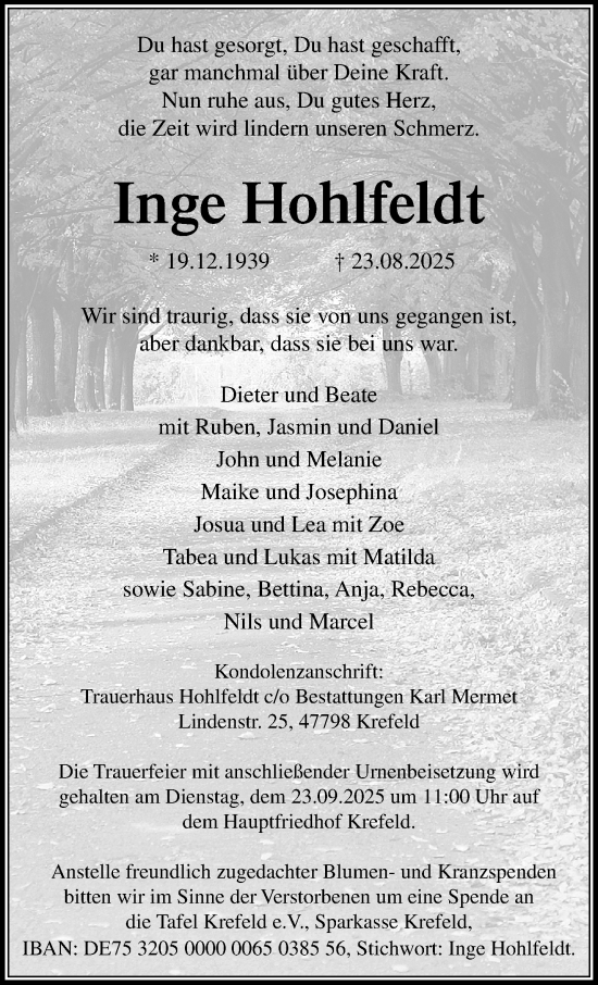Traueranzeige von Inge Hohlfeldt von trauer.extra-tipp-moenchengladbach.de