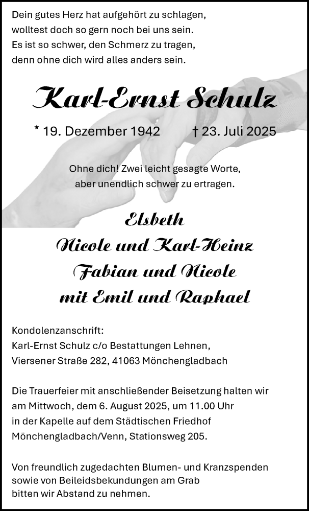  Traueranzeige für Karl-Ernst Schulz vom 03.08.2025 aus trauer.extra-tipp-moenchengladbach.de