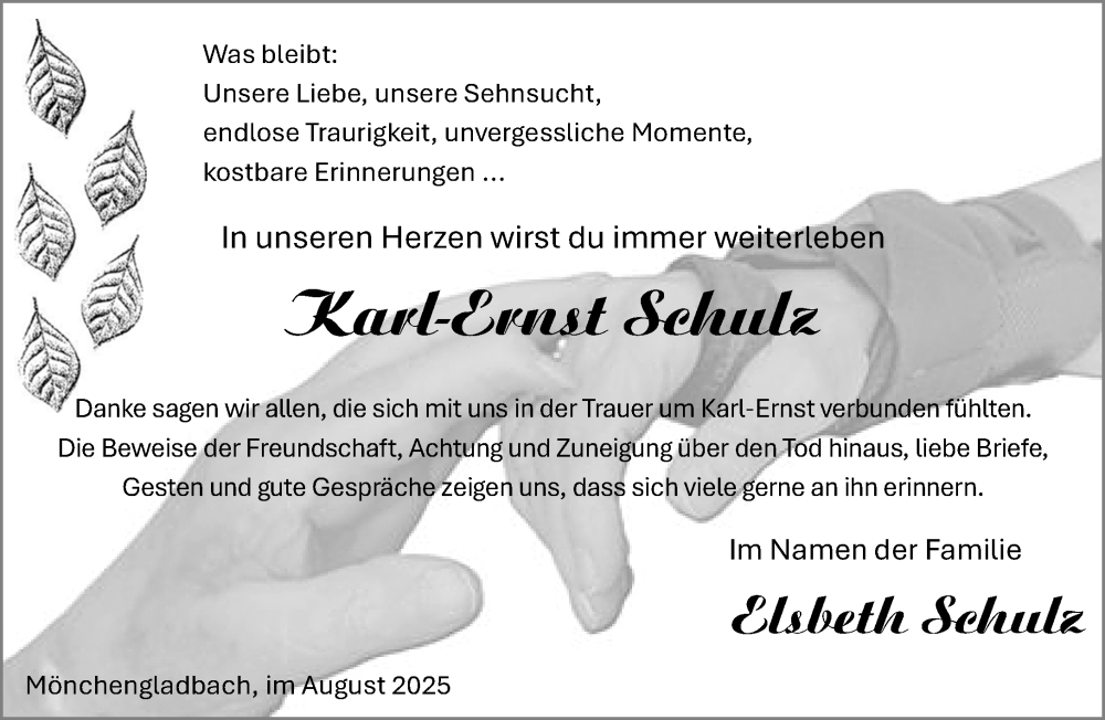  Traueranzeige für Karl-Ernst Schulz vom 31.08.2025 aus trauer.extra-tipp-moenchengladbach.de
