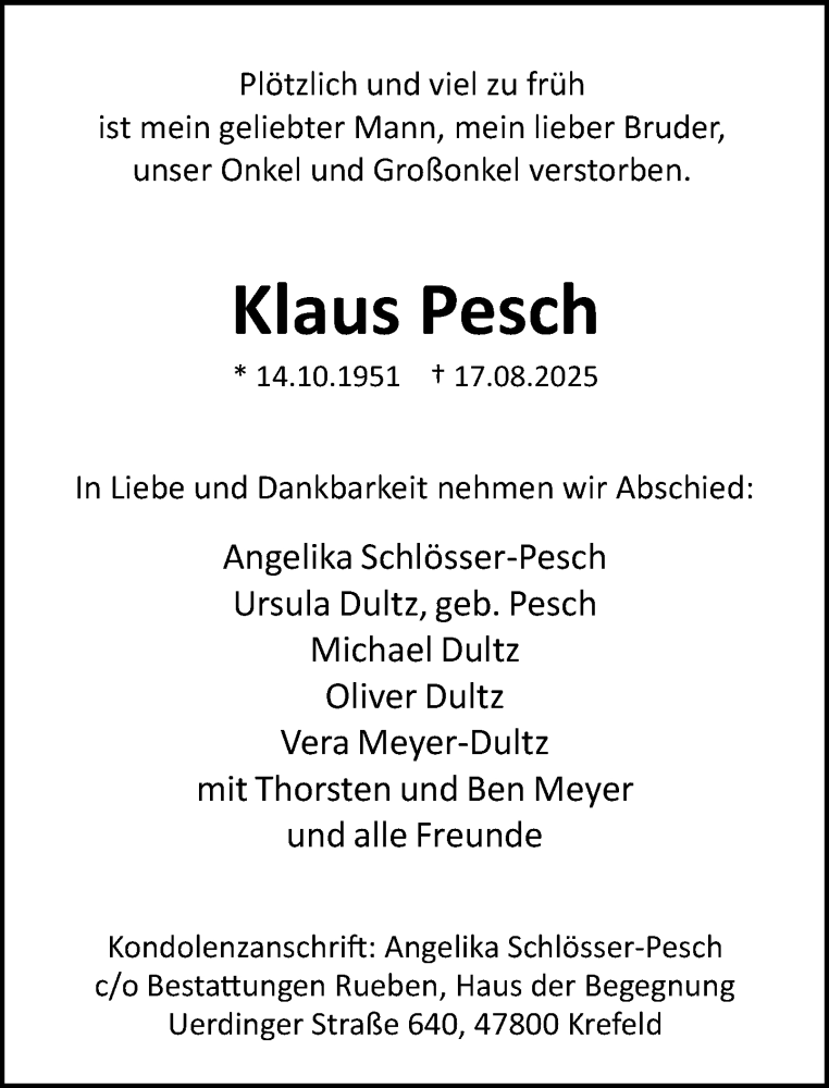  Traueranzeige für Klaus Pesch vom 31.08.2025 aus trauer.extra-tipp-moenchengladbach.de