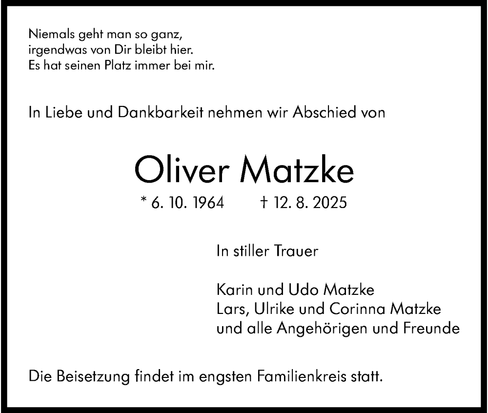 Traueranzeige für Oliver Matzke vom 29.08.2025 aus trauer.duesseldorfer-anzeiger.de