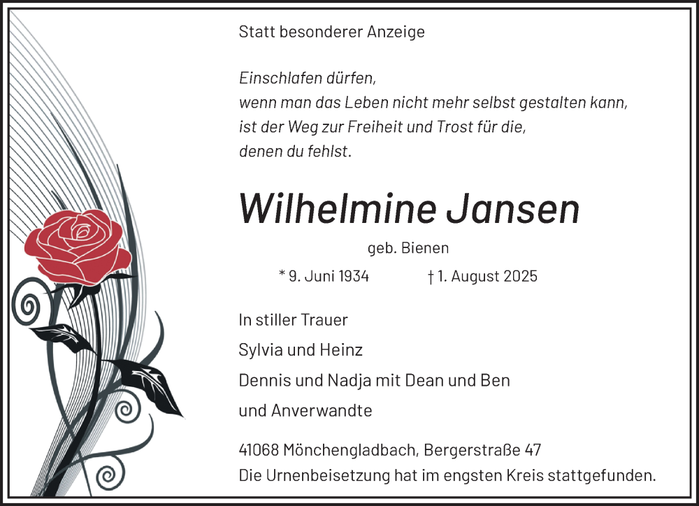  Traueranzeige für Wilhelmine Jansen vom 31.08.2025 aus trauer.extra-tipp-moenchengladbach.de