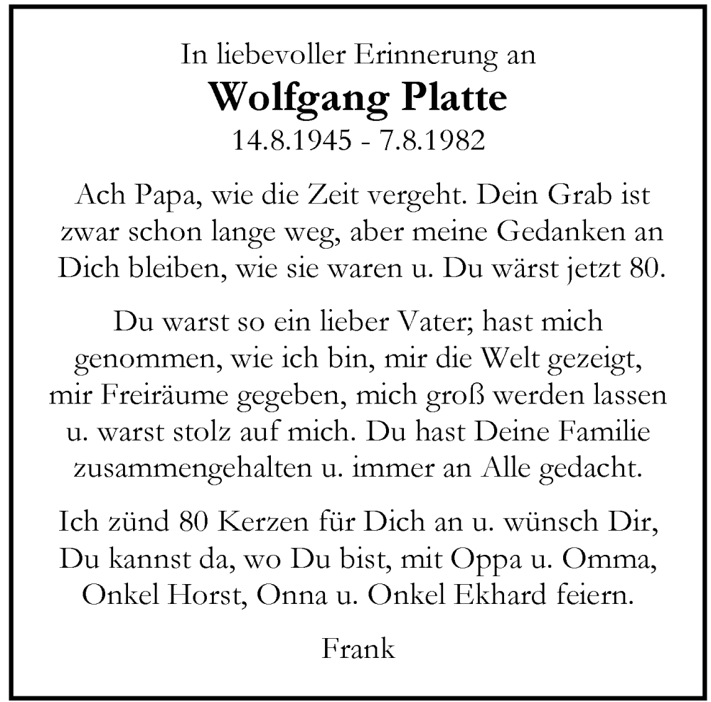 Traueranzeige für Wolfgang Platte vom 16.08.2025 aus trauer.wuppertaler-rundschau.de
