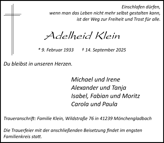 Traueranzeige von Adelheid Klein von trauer.panorama-anzeigenblatt.de