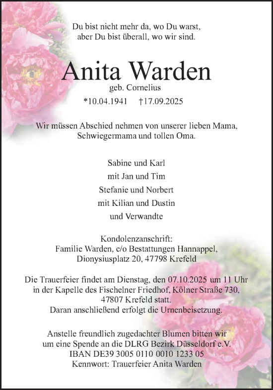 Traueranzeige von Anita Warden von trauer.panorama-anzeigenblatt.de