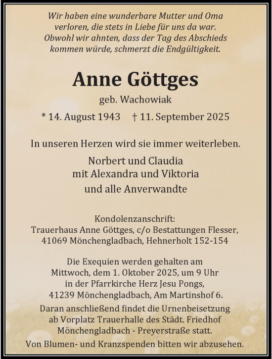 Traueranzeige von Anne Göttges von trauer.panorama-anzeigenblatt.de