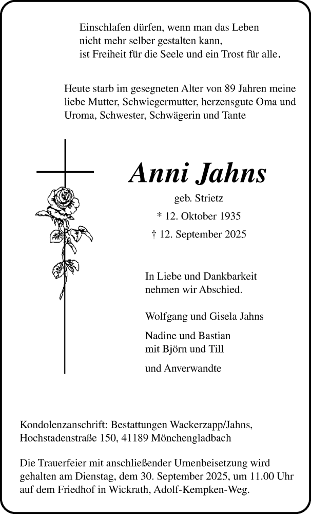  Traueranzeige für Anni Jahns vom 28.09.2025 aus trauer.panorama-anzeigenblatt.de