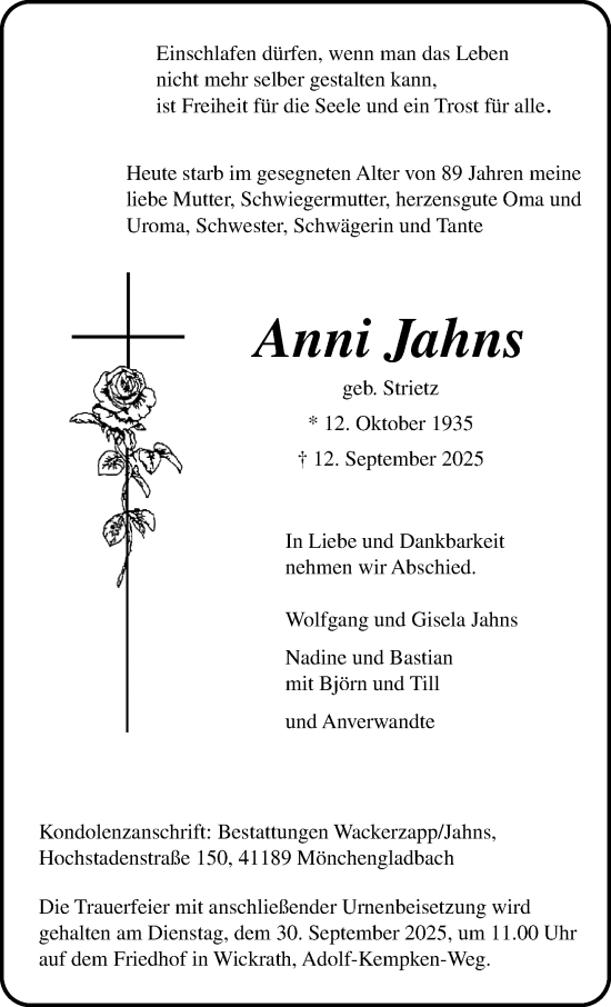 Traueranzeige von Anni Jahns von trauer.panorama-anzeigenblatt.de